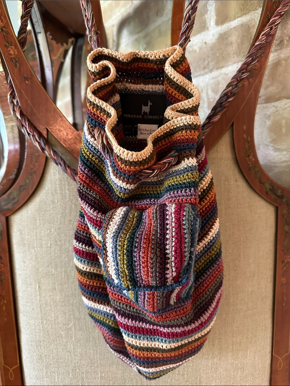 Peruvian Connection Pima cotton knitted striped backpack with outer pocket